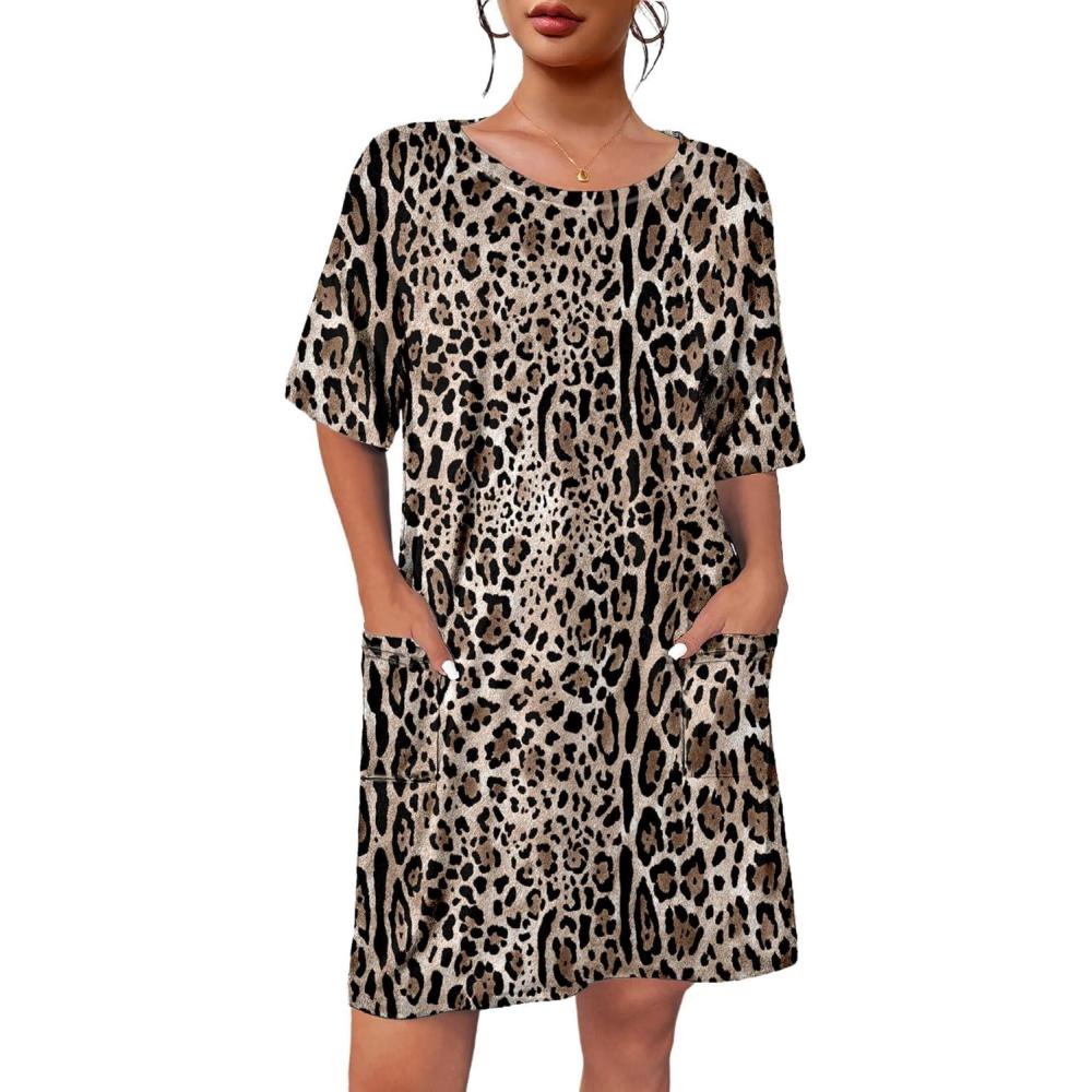 imageEkouaer Sleep Shirts for Women Nightgown Short Sleeves T shirt Night Dress Round Neck Womans Nightgown with Pocket SXXLLeopard