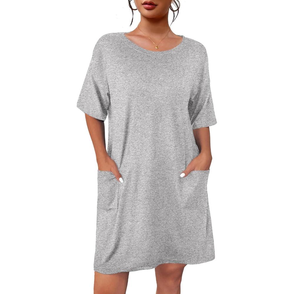 imageEkouaer Sleep Shirts for Women Nightgown Short Sleeves T shirt Night Dress Round Neck Womans Nightgown with Pocket SXXLLight Grey