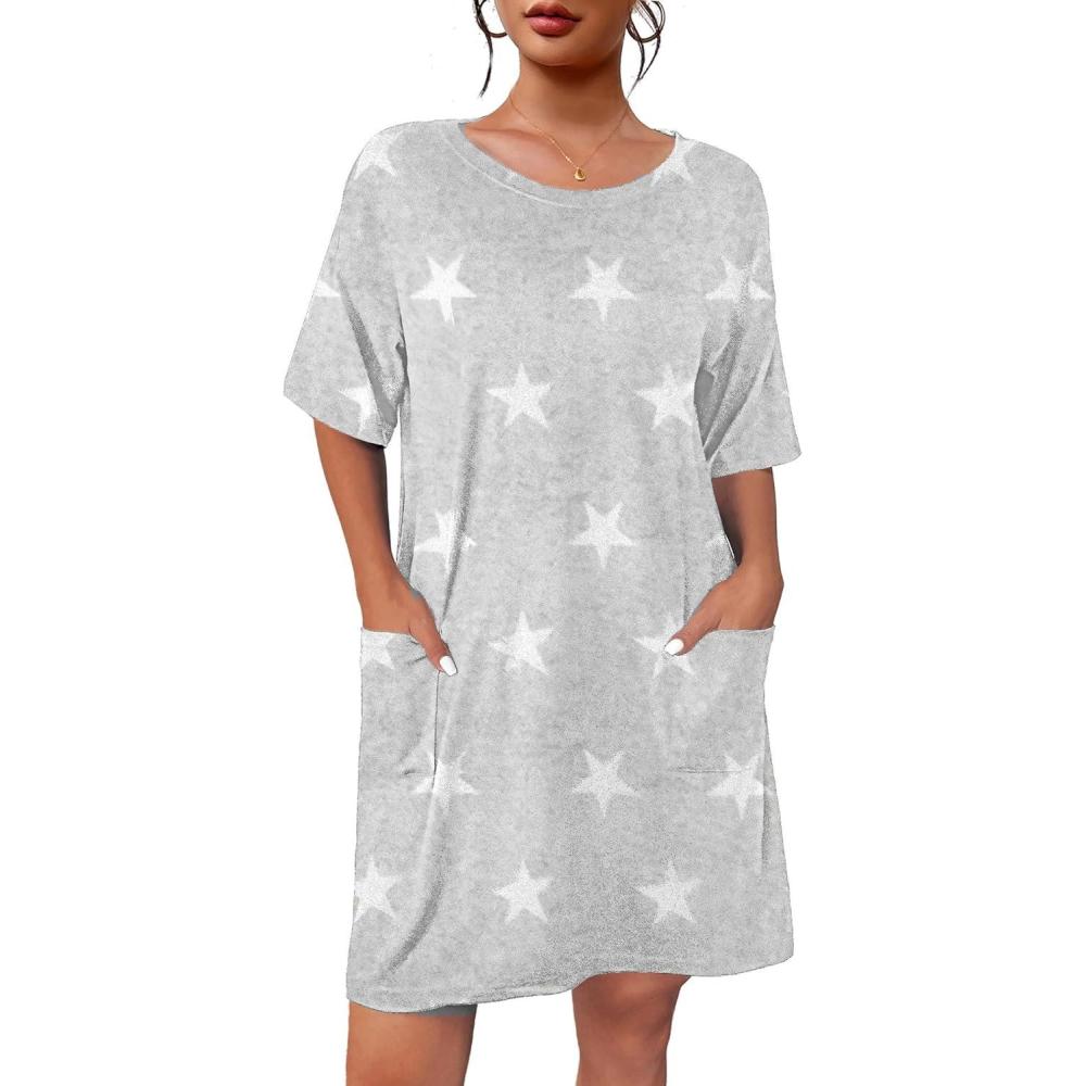 imageEkouaer Sleep Shirts for Women Nightgown Short Sleeves T shirt Night Dress Round Neck Womans Nightgown with Pocket SXXLLight Grey Star