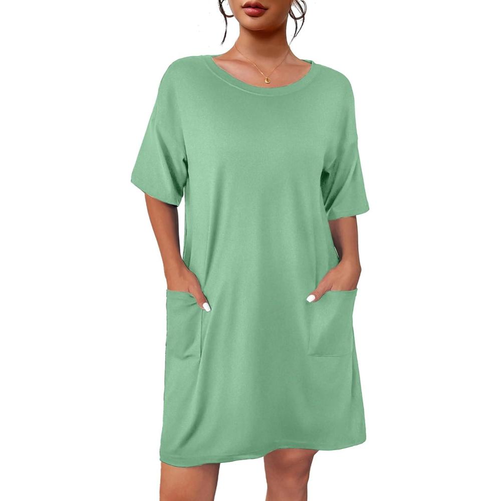 imageEkouaer Sleep Shirts for Women Nightgown Short Sleeves T shirt Night Dress Round Neck Womans Nightgown with Pocket SXXLMint Green
