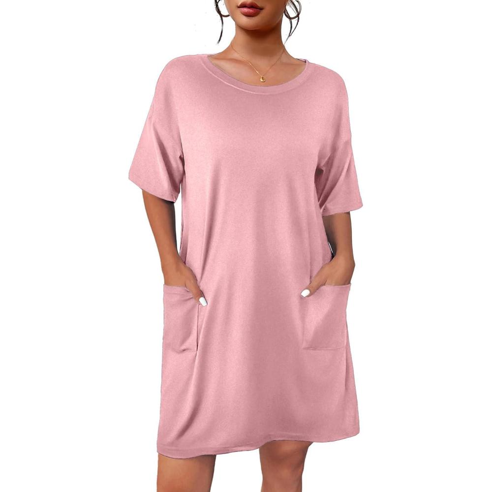 imageEkouaer Sleep Shirts for Women Nightgown Short Sleeves T shirt Night Dress Round Neck Womans Nightgown with Pocket SXXLPink