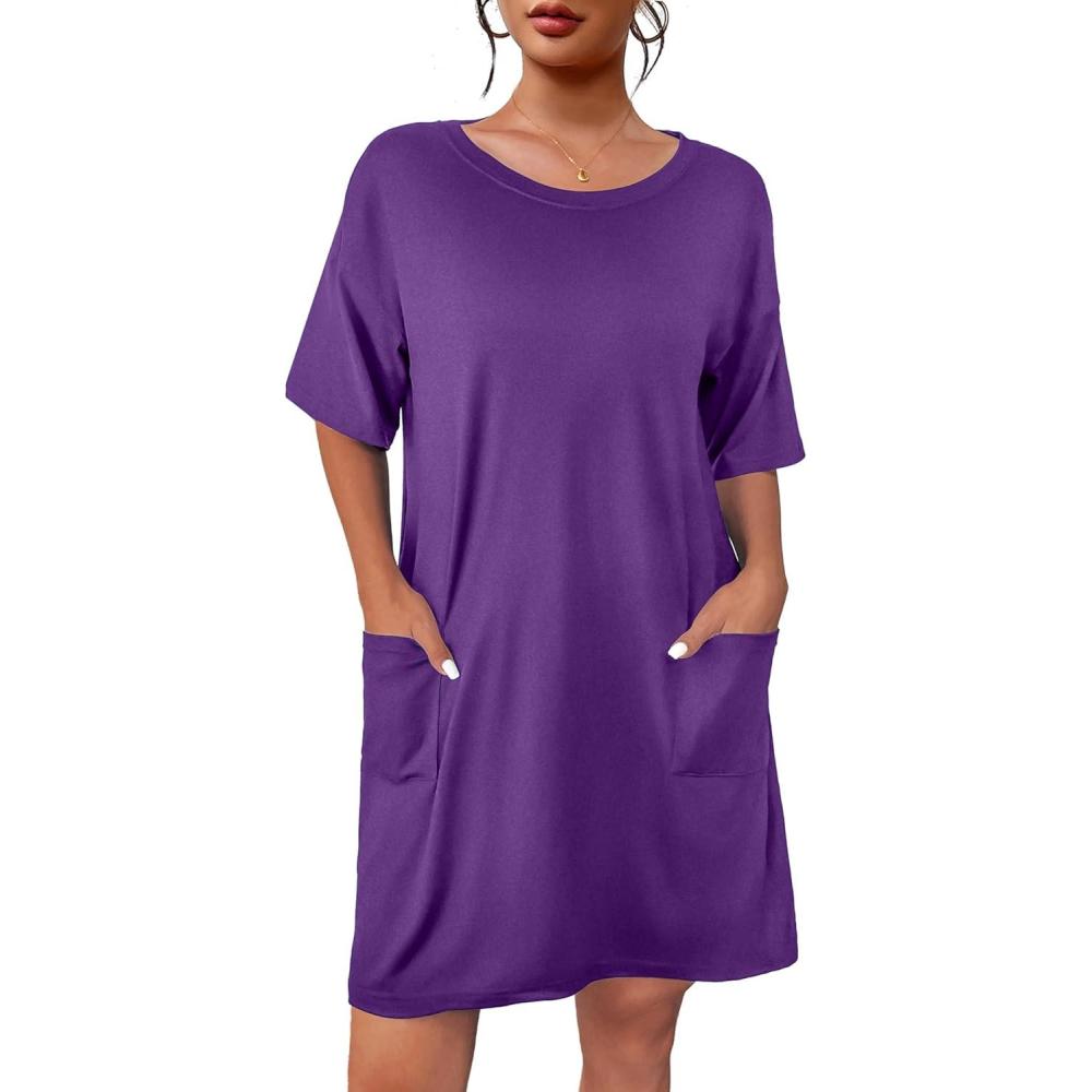 imageEkouaer Sleep Shirts for Women Nightgown Short Sleeves T shirt Night Dress Round Neck Womans Nightgown with Pocket SXXLPurple