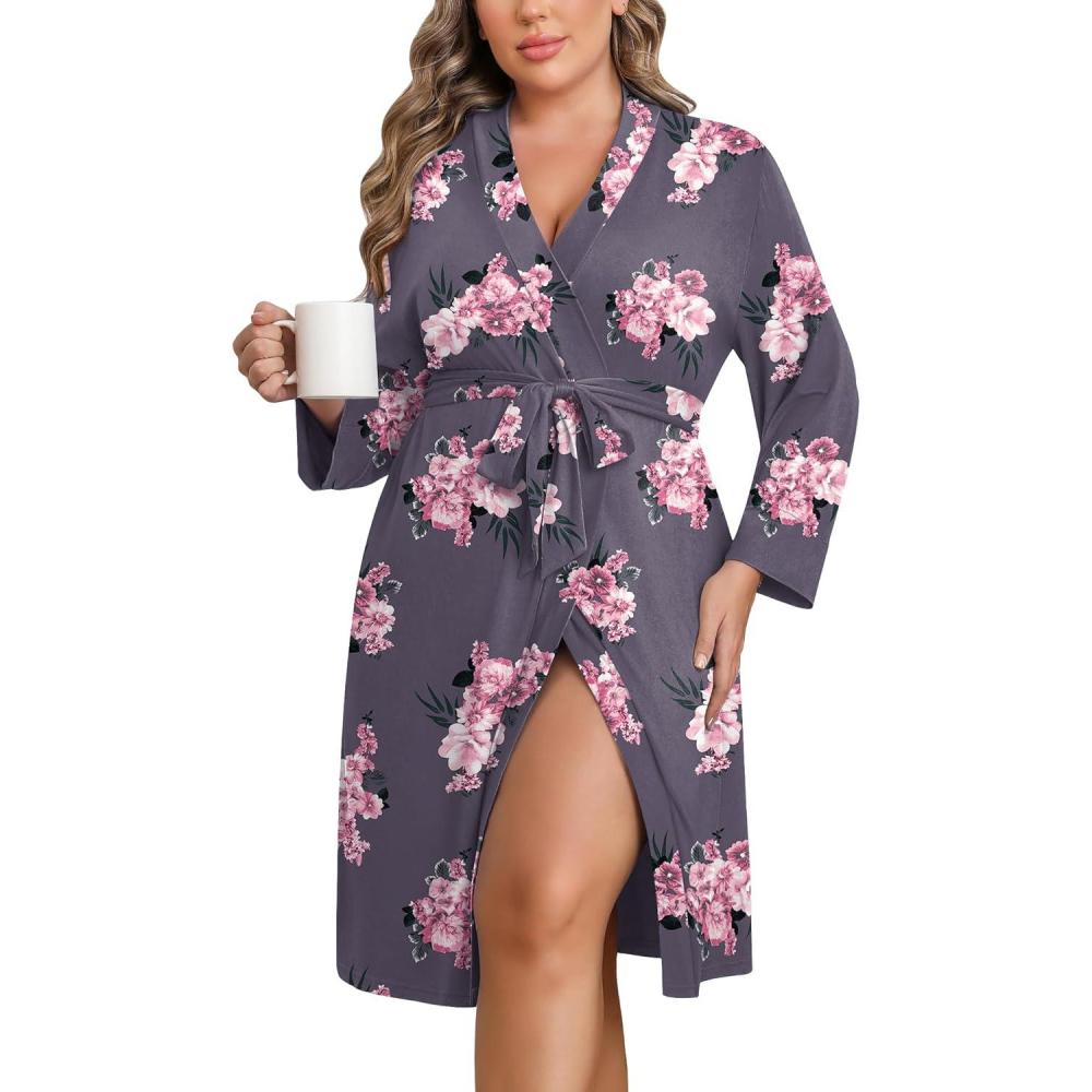 imageEkouaer Women Plus Size Robe Knee Length Lightweight Bathrobe Short Kimono Robes with Pockets Maternity Robe 1X5XPurple Flower