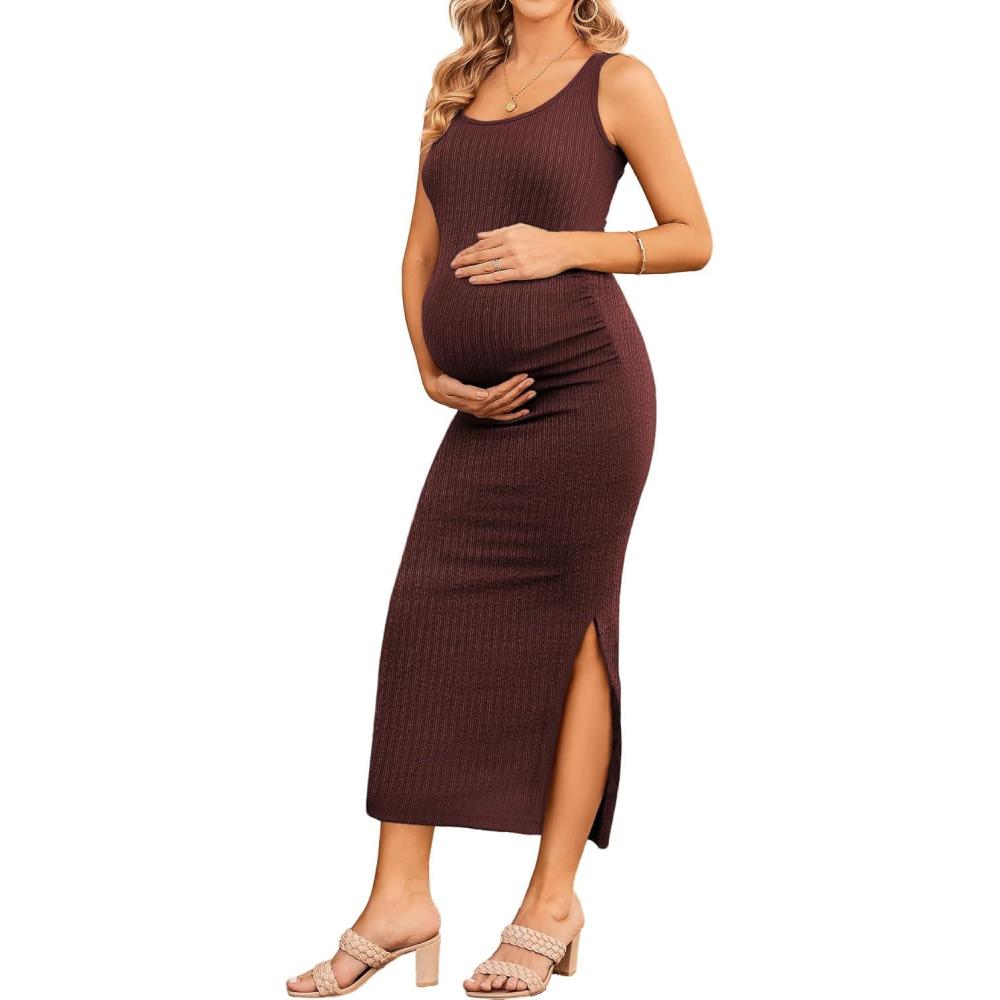 imageEkouaer Women Tank Maternity Dress Sleeveless Ribbed Knit Pregnancy Dresses Round Neck Pregnant LoungewearBrown1