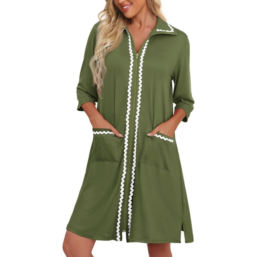 imageEkouaer Women Zipper Robe Lightweight House Coat Zipper Front Short Bathrobes Soft Nightgown with Pockets S3XLArmy Green