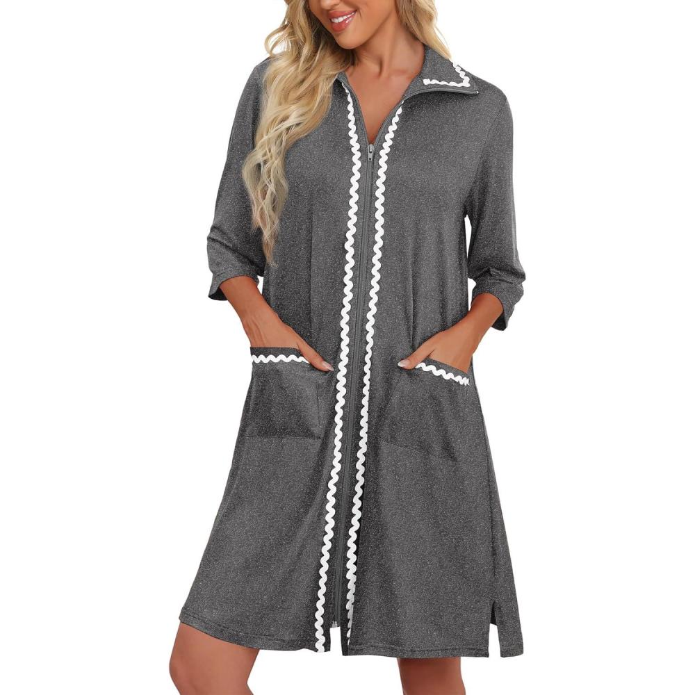 imageEkouaer Women Zipper Robe Lightweight House Coat Zipper Front Short Bathrobes Soft Nightgown with Pockets S3XLDark Grey