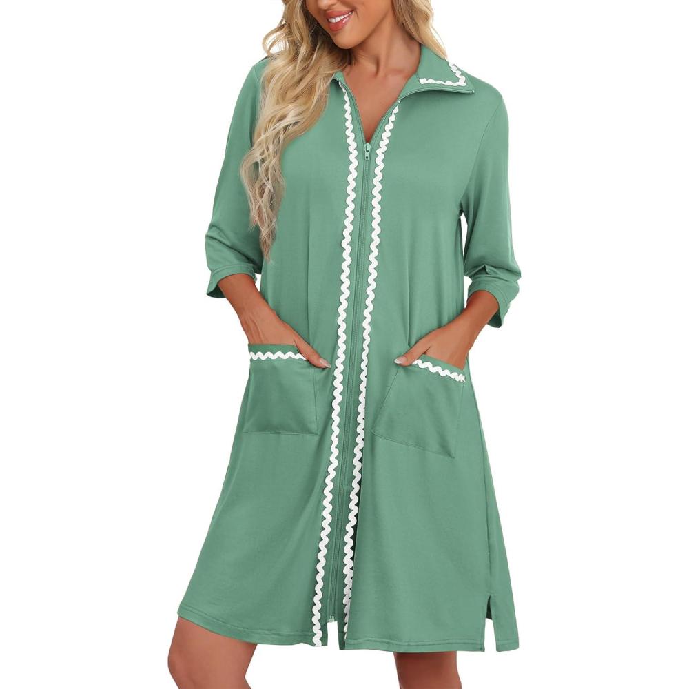 imageEkouaer Women Zipper Robe Lightweight House Coat Zipper Front Short Bathrobes Soft Nightgown with Pockets S3XLMint Green