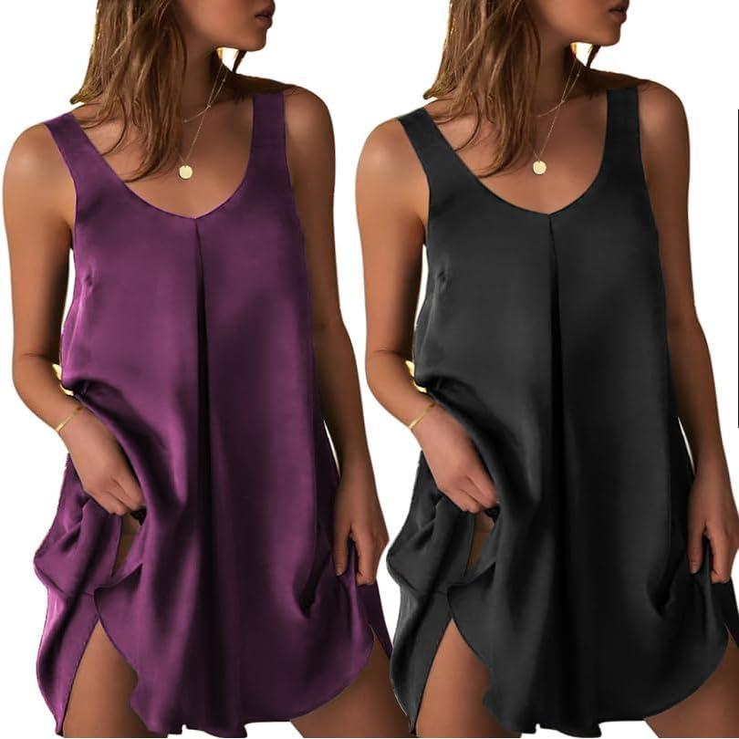 imageEkouaer Womens 2 Pack Satin Silk Nightgown Sleeveless Sleep Dress V Neck Nightshirt Soft Tank Pleated NightdressPurpleBlack