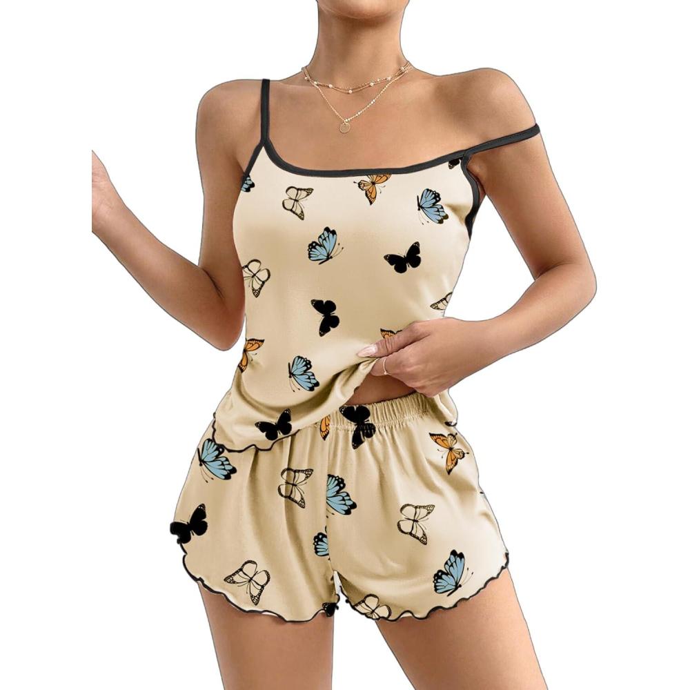imageEkouaer Womens Cami Pajama Sets 2 Piece Cute Print Pjs Soft Tank Top amp Elastic Waist Shorts Camisole Lounge SetBeige Butterfly