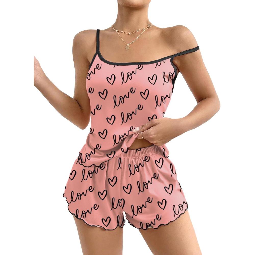 imageEkouaer Womens Cami Pajama Sets 2 Piece Cute Print Pjs Soft Tank Top amp Elastic Waist Shorts Camisole Lounge SetBlack Love