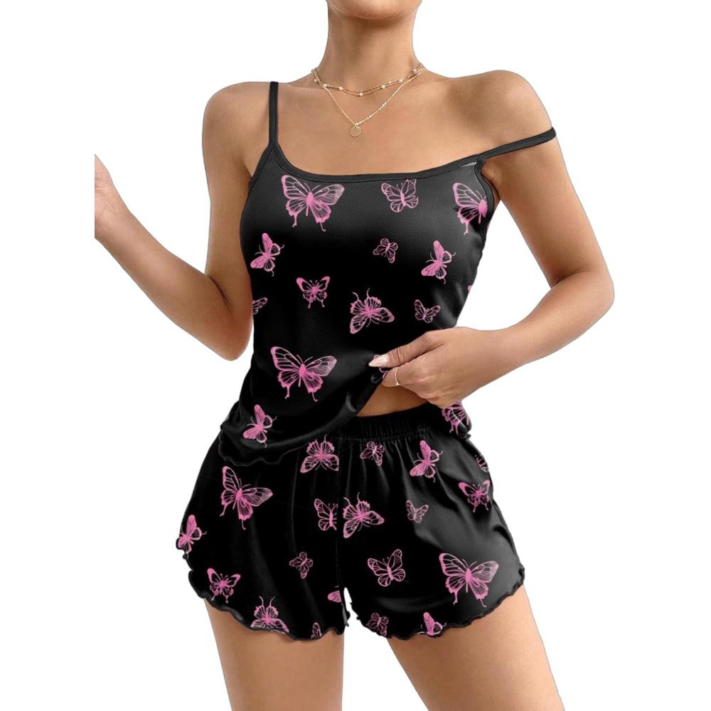 imageEkouaer Womens Cami Pajama Sets 2 Piece Cute Print Pjs Soft Tank Top amp Elastic Waist Shorts Camisole Lounge SetBlack Pink Butterfly