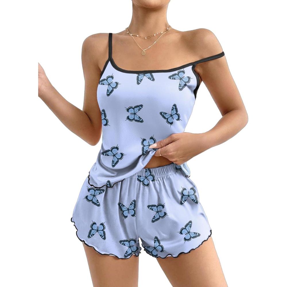 imageEkouaer Womens Cami Pajama Sets 2 Piece Cute Print Pjs Soft Tank Top amp Elastic Waist Shorts Camisole Lounge SetBlue Butterfly