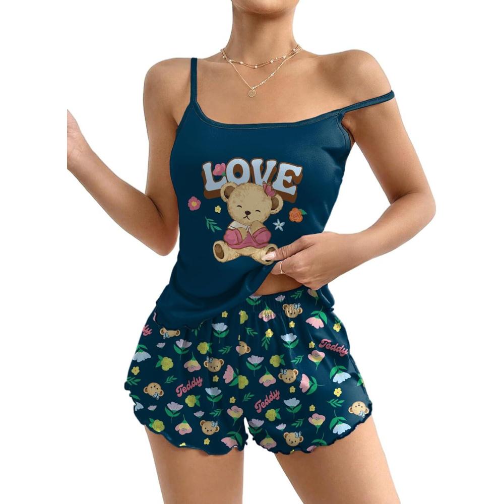 imageEkouaer Womens Cami Pajama Sets 2 Piece Cute Print Pjs Soft Tank Top amp Elastic Waist Shorts Camisole Lounge SetBlue Teddy
