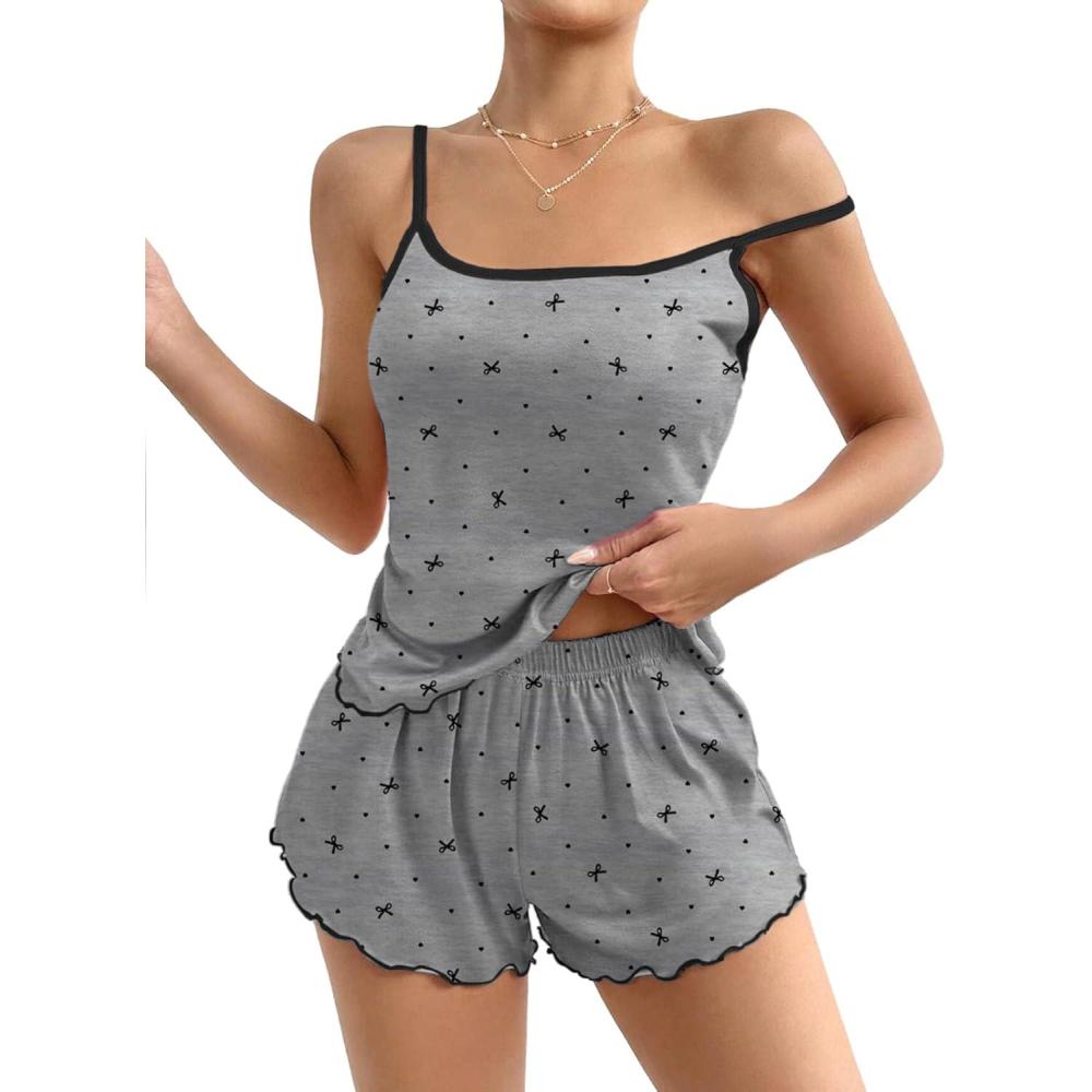 imageEkouaer Womens Cami Pajama Sets 2 Piece Cute Print Pjs Soft Tank Top amp Elastic Waist Shorts Camisole Lounge SetGray Bow