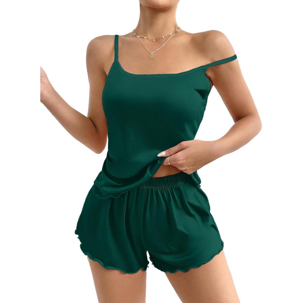 imageEkouaer Womens Cami Pajama Sets 2 Piece Cute Print Pjs Soft Tank Top amp Elastic Waist Shorts Camisole Lounge SetGreen