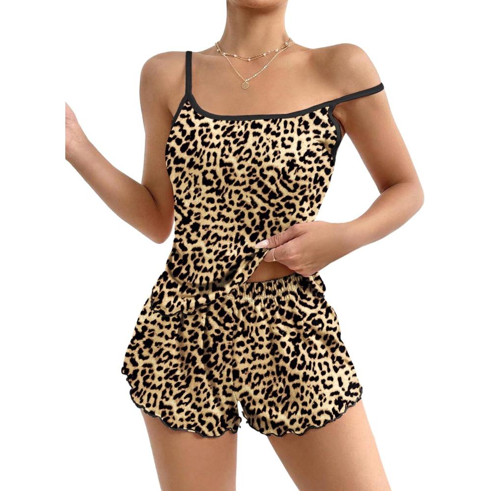 imageEkouaer Womens Cami Pajama Sets 2 Piece Cute Print Pjs Soft Tank Top amp Elastic Waist Shorts Camisole Lounge SetLeopard