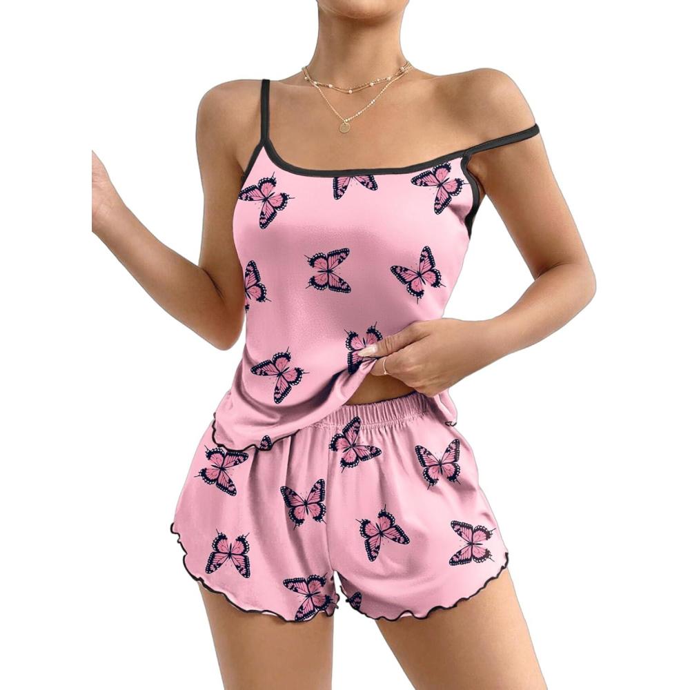 imageEkouaer Womens Cami Pajama Sets 2 Piece Cute Print Pjs Soft Tank Top amp Elastic Waist Shorts Camisole Lounge SetPink Butterfly