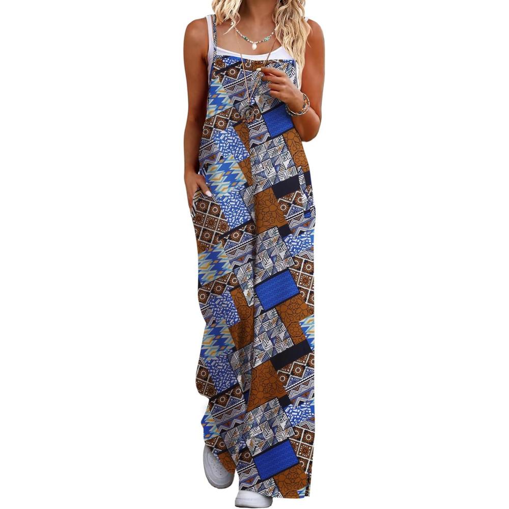 imageEkouaer Womens Causal Sleeveless Jumpsuits Summer Boho Wide Leg Floral Rompers Overalls with PocketsBlue Boho Print