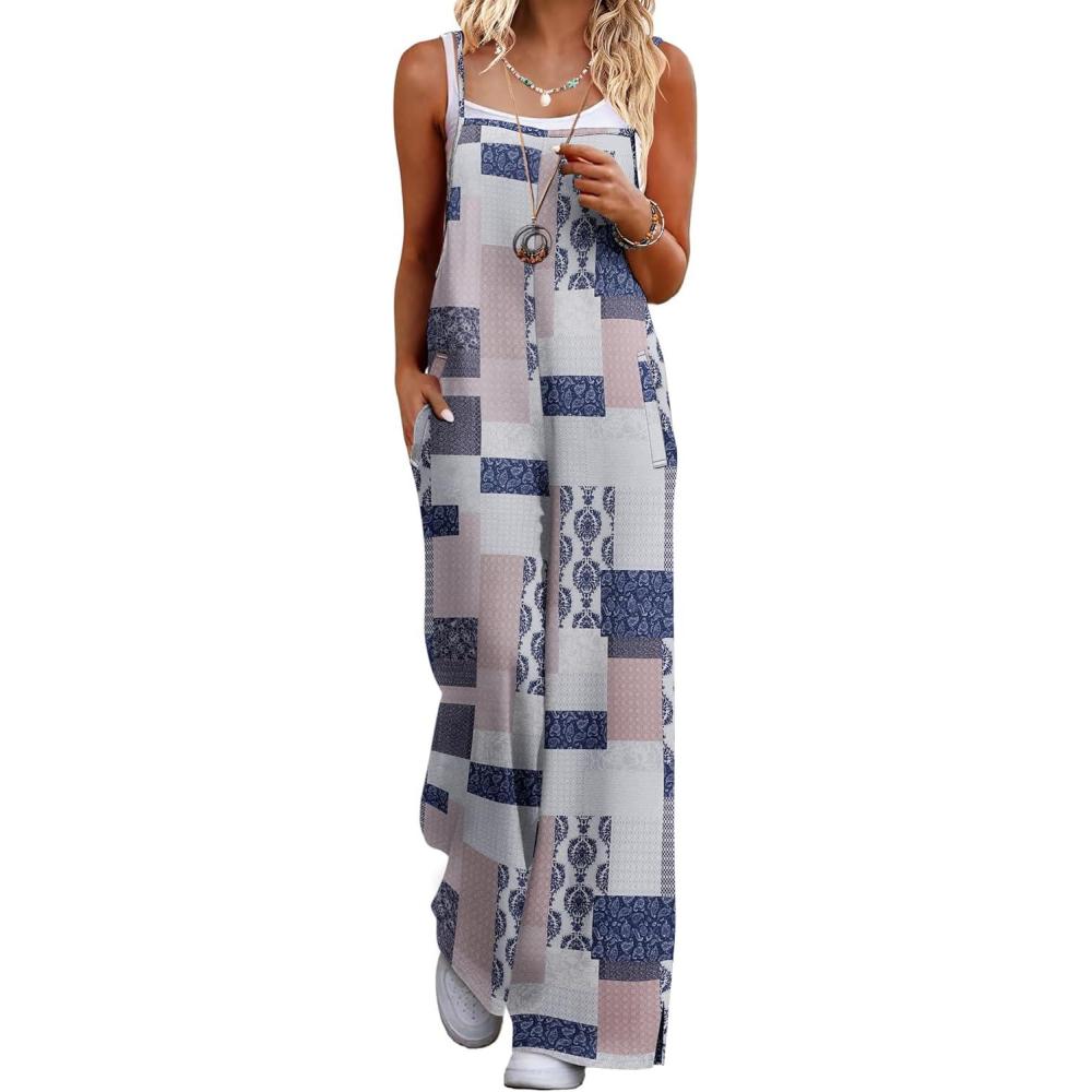 imageEkouaer Womens Causal Sleeveless Jumpsuits Summer Boho Wide Leg Floral Rompers Overalls with PocketsGrey Boho Print
