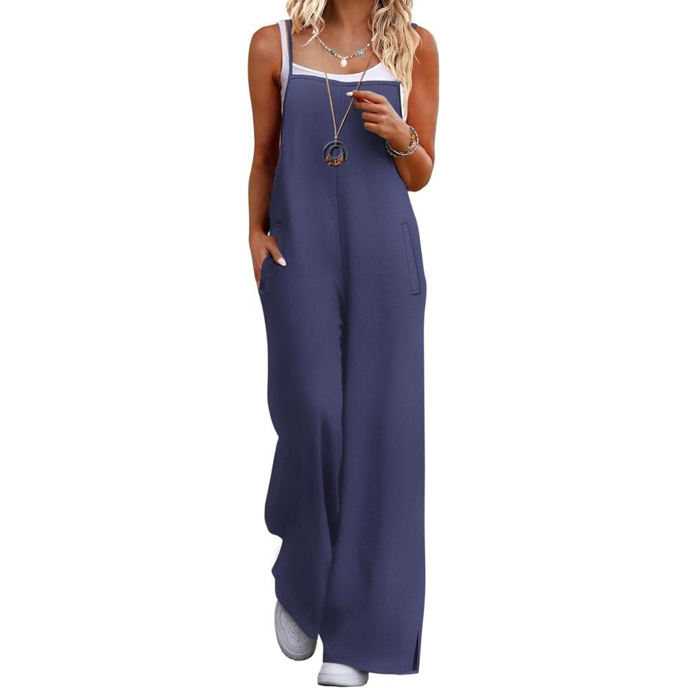 imageEkouaer Womens Causal Sleeveless Jumpsuits Summer Boho Wide Leg Floral Rompers Overalls with PocketsNavy Blue