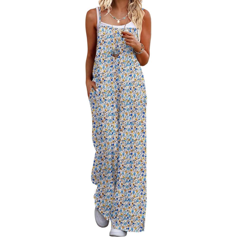 imageEkouaer Womens Causal Sleeveless Jumpsuits Summer Boho Wide Leg Floral Rompers Overalls with PocketsWhite Daisy Floral
