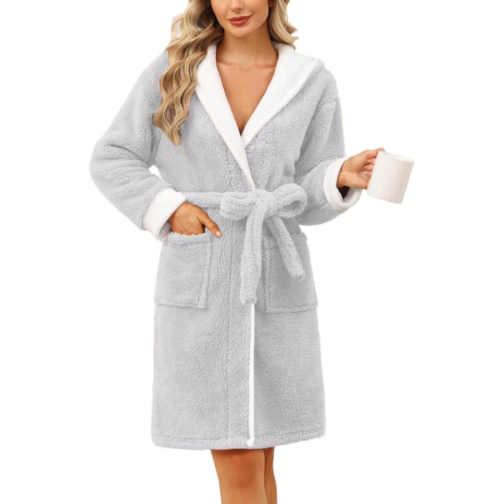 imageEkouaer Womens Hooded Bathrobe Plush Short Robe Super Soft Fleece Robe Luxury Sleepwear with PocketsB Light Grey
