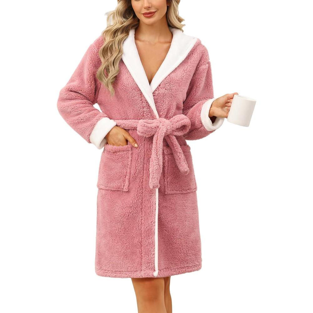 imageEkouaer Womens Hooded Bathrobe Plush Short Robe Super Soft Fleece Robe Luxury Sleepwear with PocketsB Rose Pink