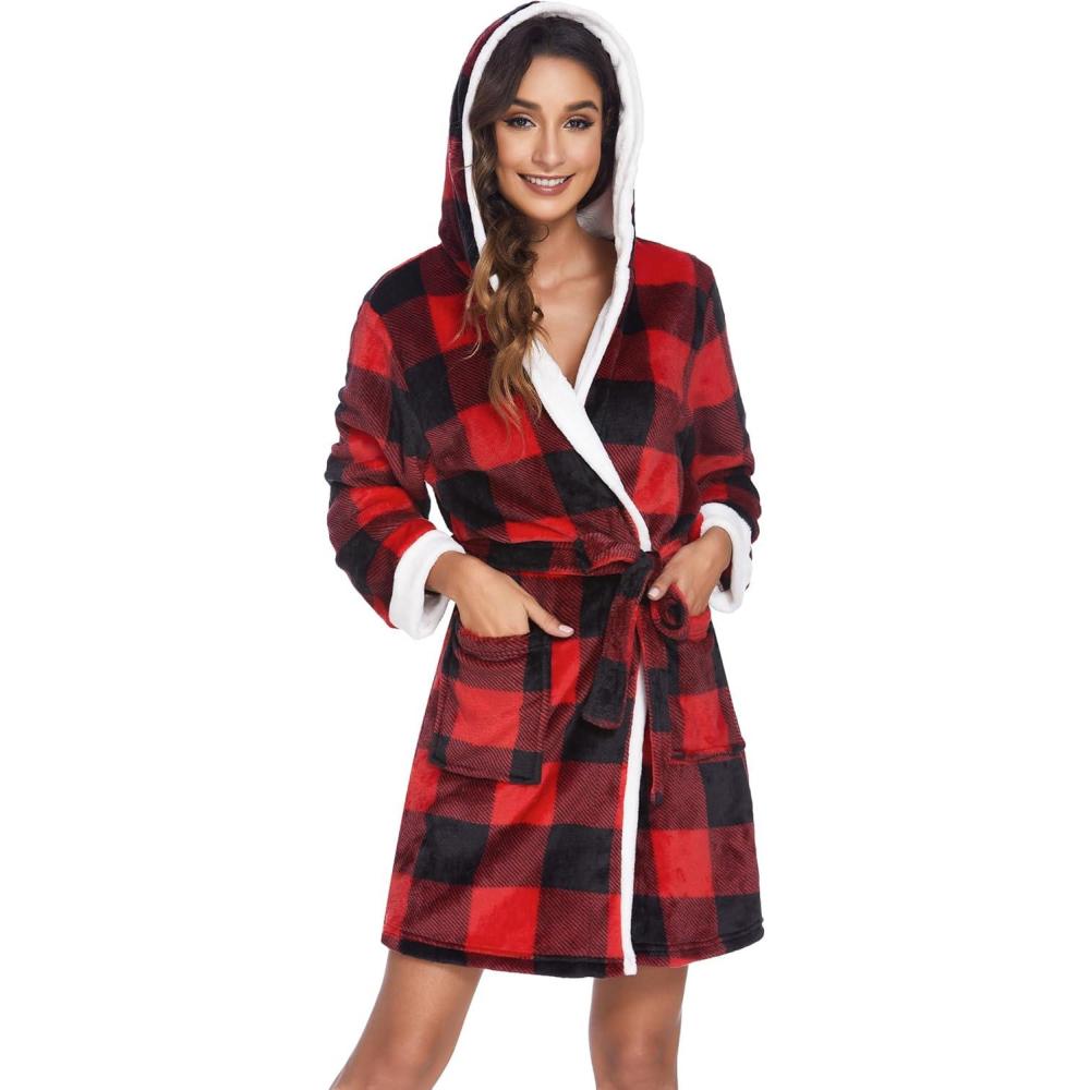 imageEkouaer Womens Hooded Bathrobe Plush Short Robe Super Soft Fleece Robe Luxury Sleepwear with PocketsPlaid Red