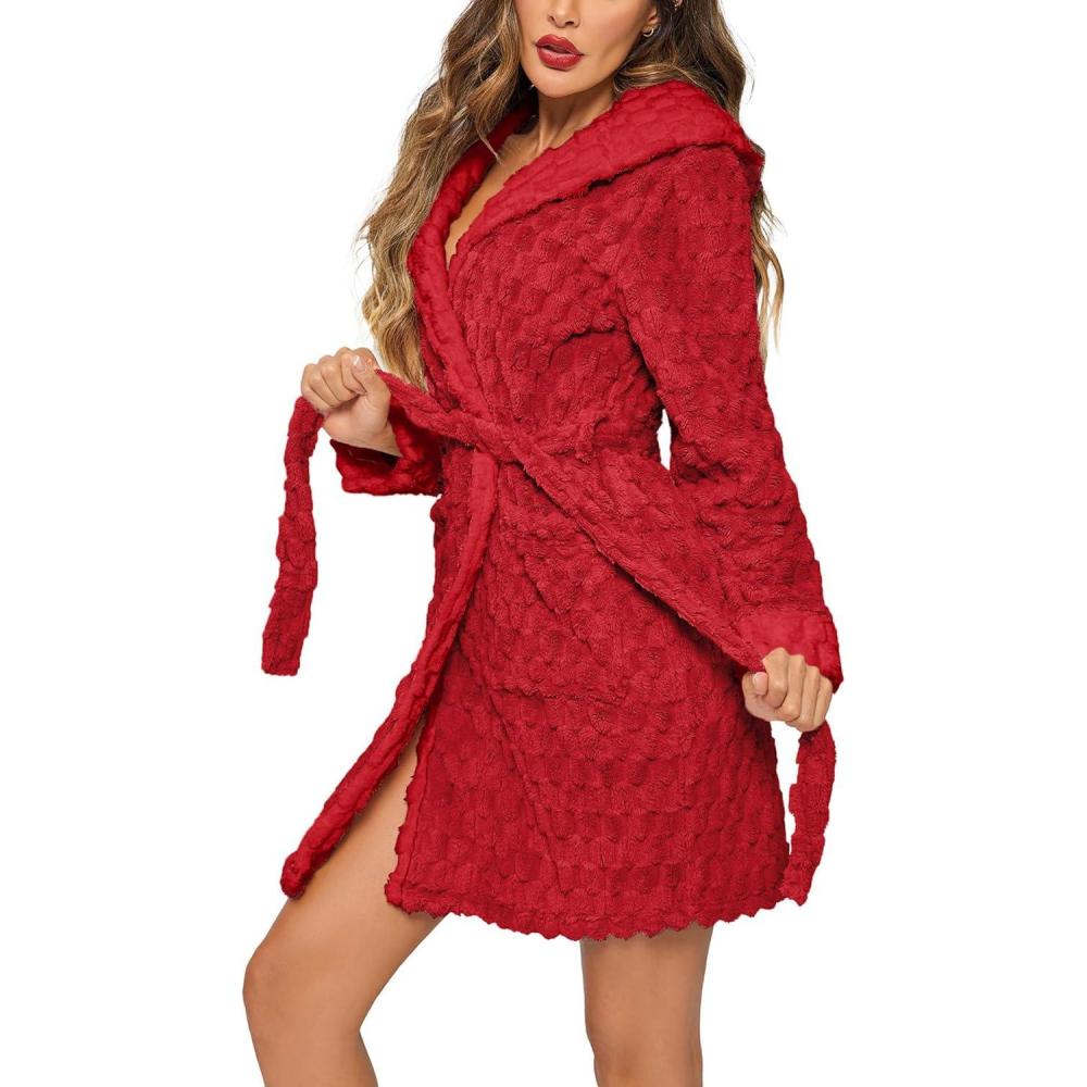 imageEkouaer Womens Hooded Bathrobe Plush Short Robe Super Soft Fleece Robe Luxury Sleepwear with PocketsRedjacquard