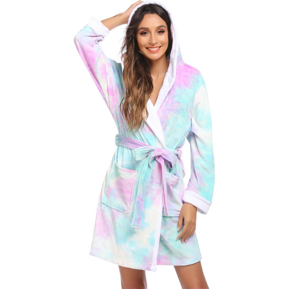 imageEkouaer Womens Hooded Bathrobe Plush Short Robe Super Soft Fleece Robe Luxury Sleepwear with PocketsZ Purple Tie Dye