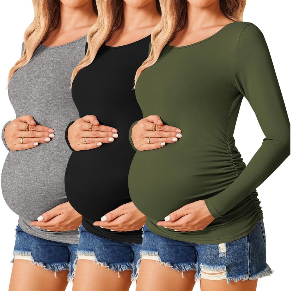 imageEkouaer Womens Maternity Shirts Long Sleeve 3 Packs Pregnancy Tee Top Tunic Blouse Casual Mama Clothes SXXL3pcs Black Army Green Grey