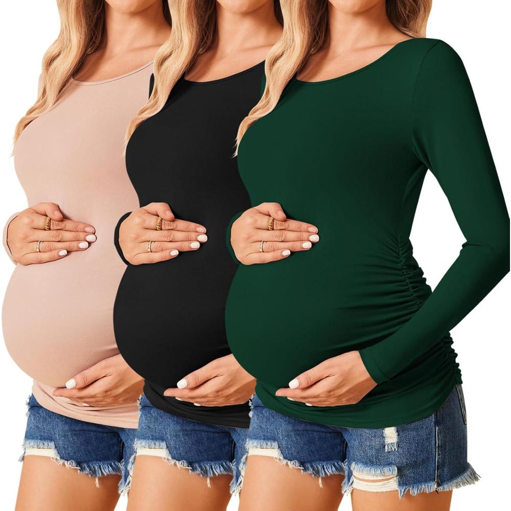 imageEkouaer Womens Maternity Shirts Long Sleeve 3 Packs Pregnancy Tee Top Tunic Blouse Casual Mama Clothes SXXL3pcs Black  Green  Dirty Pink