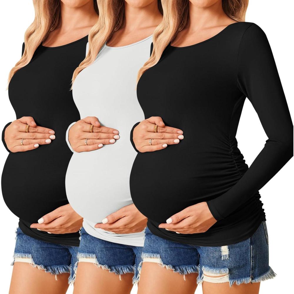 imageEkouaer Womens Maternity Shirts Long Sleeve 3 Packs Pregnancy Tee Top Tunic Blouse Casual Mama Clothes SXXL3pcs Black White Black