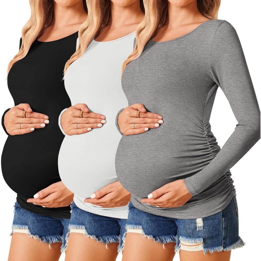 imageEkouaer Womens Maternity Shirts Long Sleeve 3 Packs Pregnancy Tee Top Tunic Blouse Casual Mama Clothes SXXL3pcs Black  White  Grey