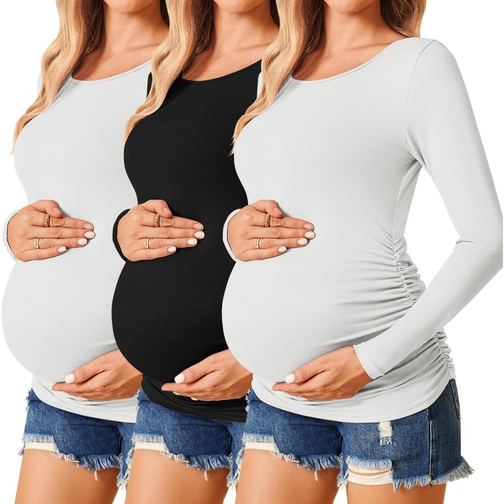 imageEkouaer Womens Maternity Shirts Long Sleeve 3 Packs Pregnancy Tee Top Tunic Blouse Casual Mama Clothes SXXL3pcs Black  White  White