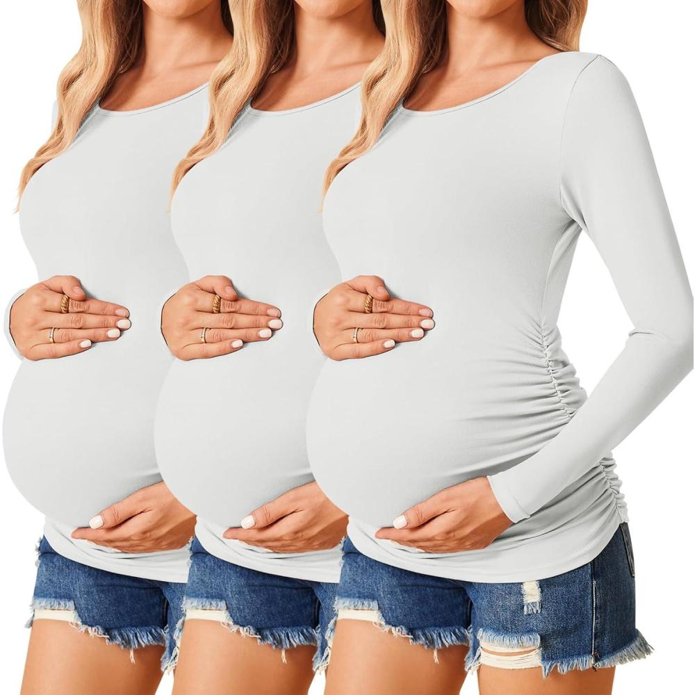 imageEkouaer Womens Maternity Shirts Long Sleeve 3 Packs Pregnancy Tee Top Tunic Blouse Casual Mama Clothes SXXL3pcs White  White  White