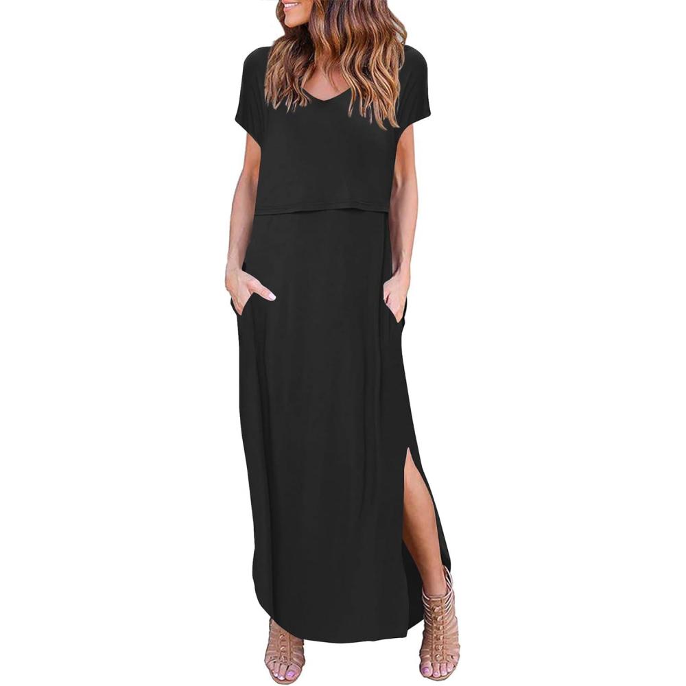 imageEkouaer Womens Nursing Dress Summer V Neck Short Sleeve Maternity Split Long Dresses for Breastfeeding with Pockets SXXLBlack