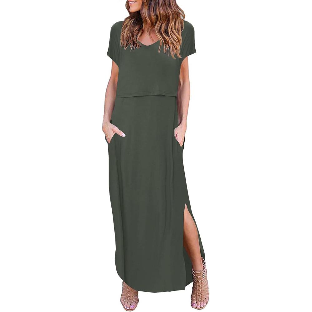 imageEkouaer Womens Nursing Dress Summer V Neck Short Sleeve Maternity Split Long Dresses for Breastfeeding with Pockets SXXLGreen