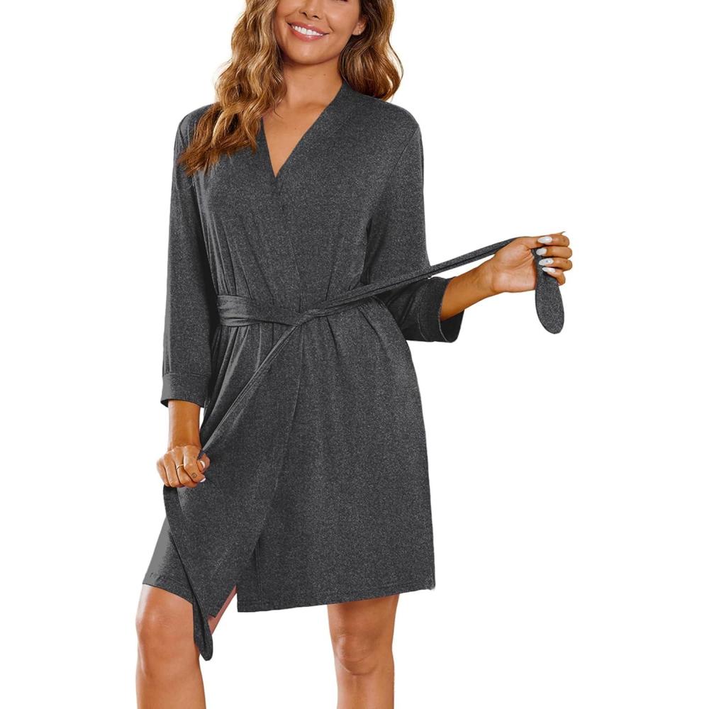 imageEkouaer Womens Robes Lightweight 34 Sleeve Short Knit Bathrobe Soft Knee Length Sleepwear Robes with Pockets SXXLDark Grey