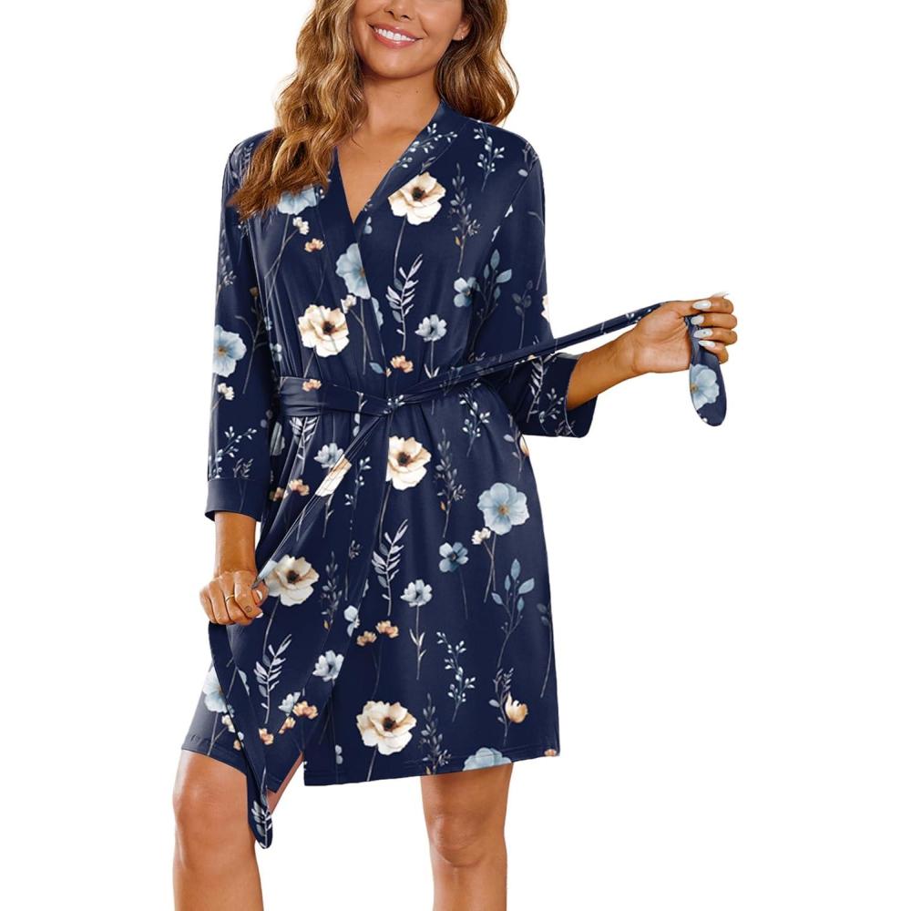 imageEkouaer Womens Robes Lightweight 34 Sleeve Short Knit Bathrobe Soft Knee Length Sleepwear Robes with Pockets SXXLNavy Floral