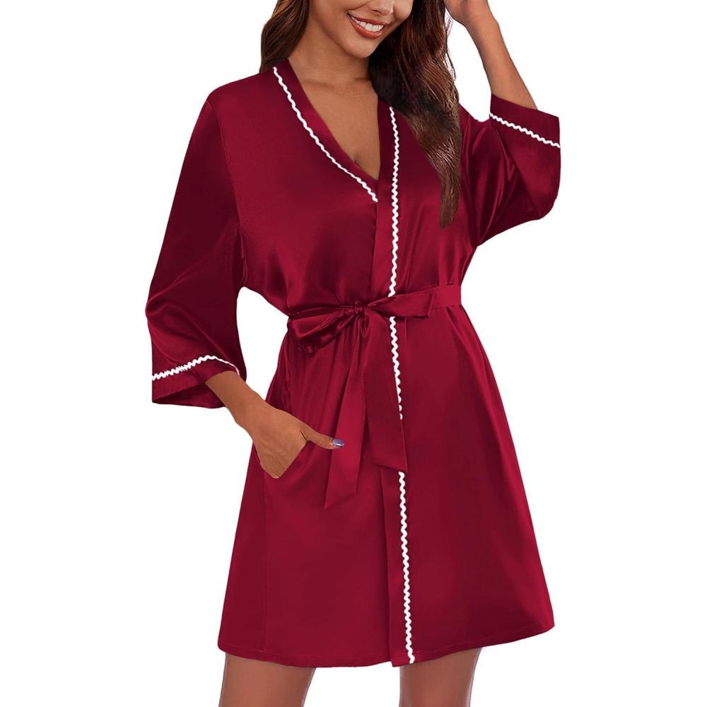 imageEkouaer Womens Satin Robe Short Bridesmaid Bride Feather Bridal Robe Kimono Silky Long Sleeve Bathrobe SXXLBwine Red