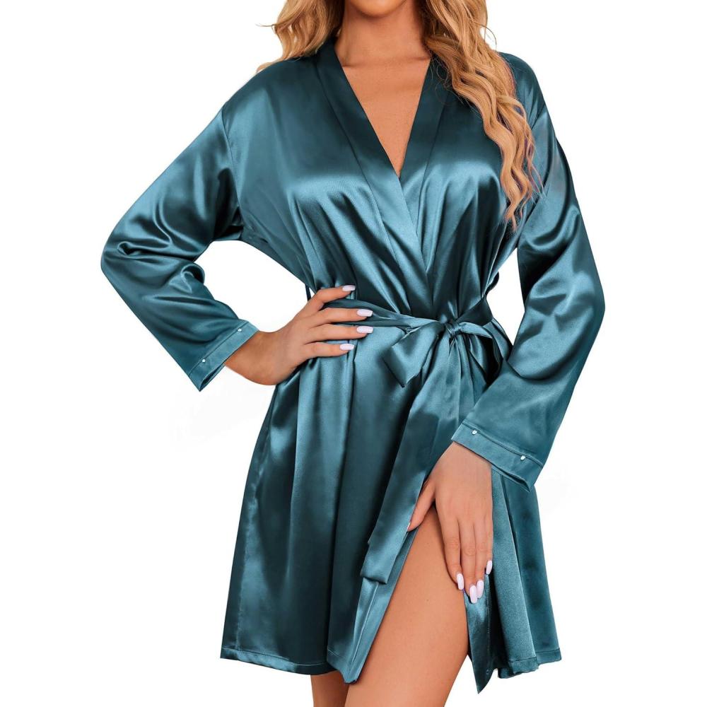 imageEkouaer Womens Satin Robe Short Bridesmaid Bride Feather Bridal Robe Kimono Silky Long Sleeve Bathrobe SXXLLake Green