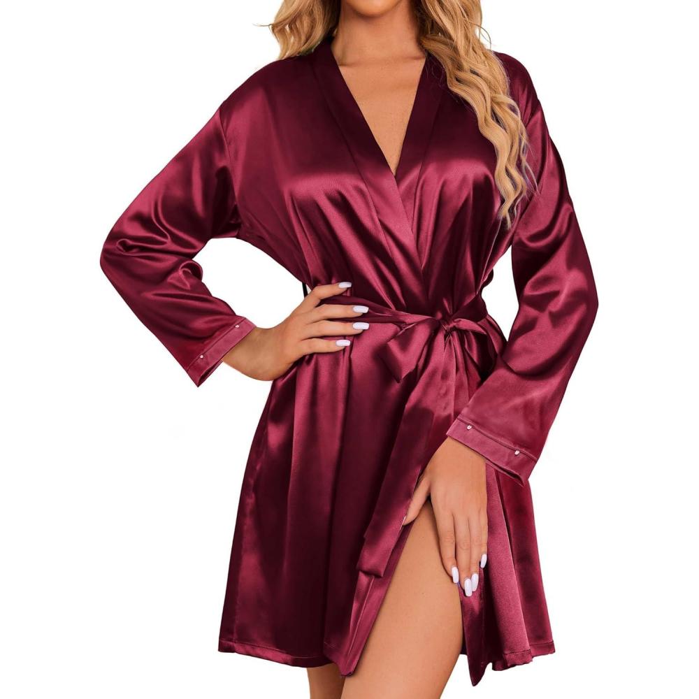imageEkouaer Womens Satin Robe Short Bridesmaid Bride Feather Bridal Robe Kimono Silky Long Sleeve Bathrobe SXXLWine Red