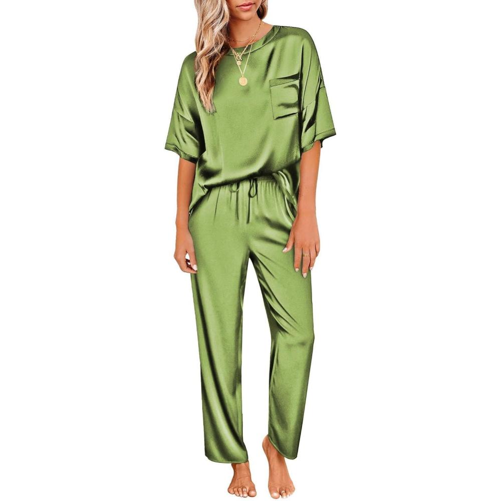 imageEkouaer Womens Satin Silky Pajama Set Short Sleeve Shirt with Long Pajama Pant Set Soft PJ LoungewearArmy Green