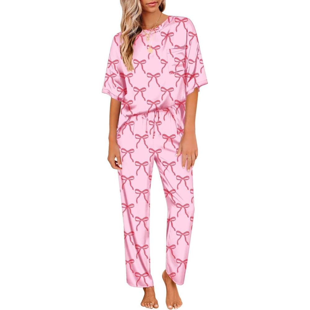 imageEkouaer Womens Satin Silky Pajama Set Short Sleeve Shirt with Long Pajama Pant Set Soft PJ LoungewearBow