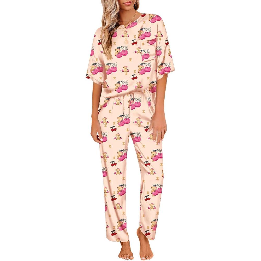imageEkouaer Womens Satin Silky Pajama Set Short Sleeve Shirt with Long Pajama Pant Set Soft PJ LoungewearCherry Teddy