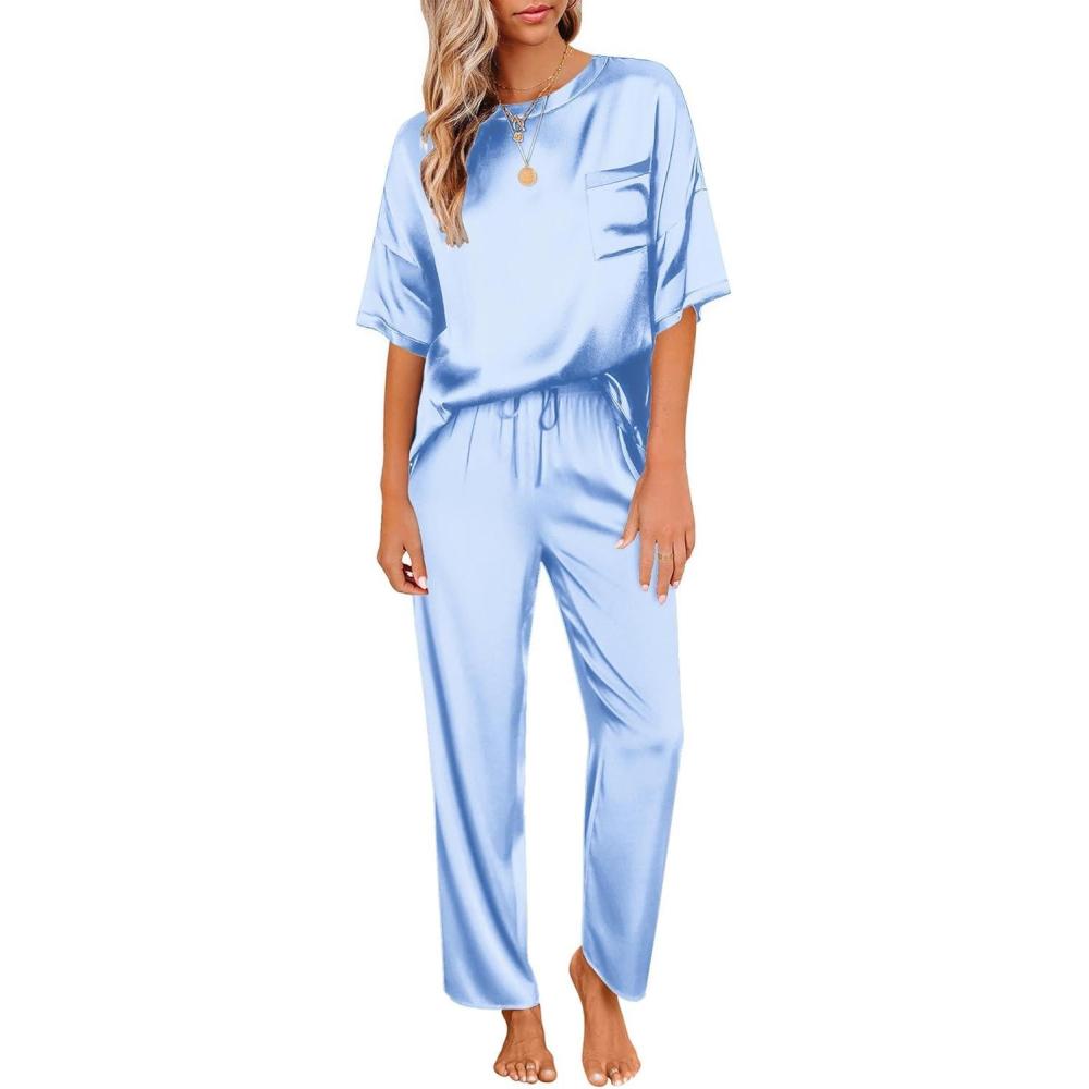 imageEkouaer Womens Satin Silky Pajama Set Short Sleeve Shirt with Long Pajama Pant Set Soft PJ LoungewearClear Blue