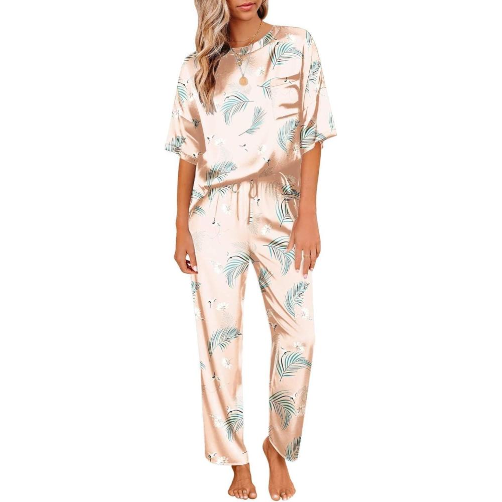 imageEkouaer Womens Satin Silky Pajama Set Short Sleeve Shirt with Long Pajama Pant Set Soft PJ LoungewearCrane