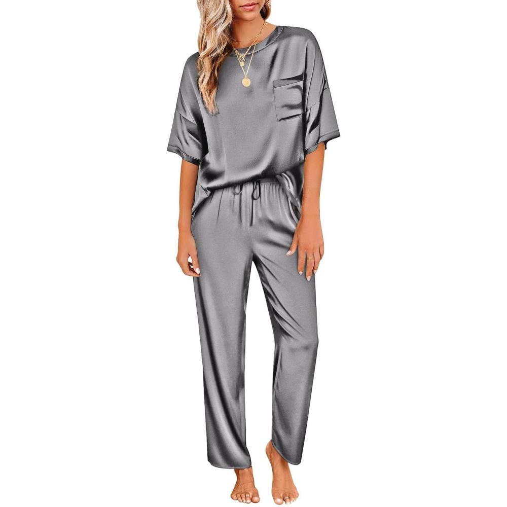 imageEkouaer Womens Satin Silky Pajama Set Short Sleeve Shirt with Long Pajama Pant Set Soft PJ LoungewearDark Gray