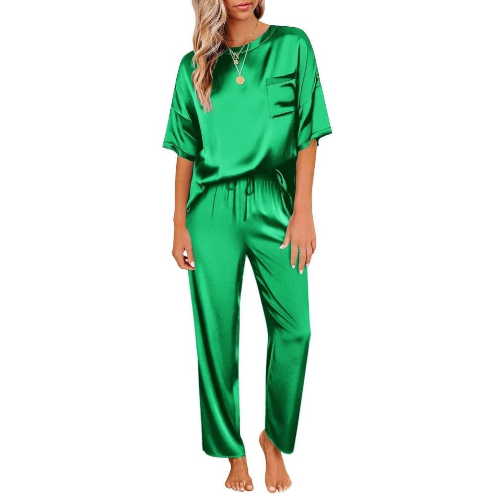 imageEkouaer Womens Satin Silky Pajama Set Short Sleeve Shirt with Long Pajama Pant Set Soft PJ LoungewearFresh Green